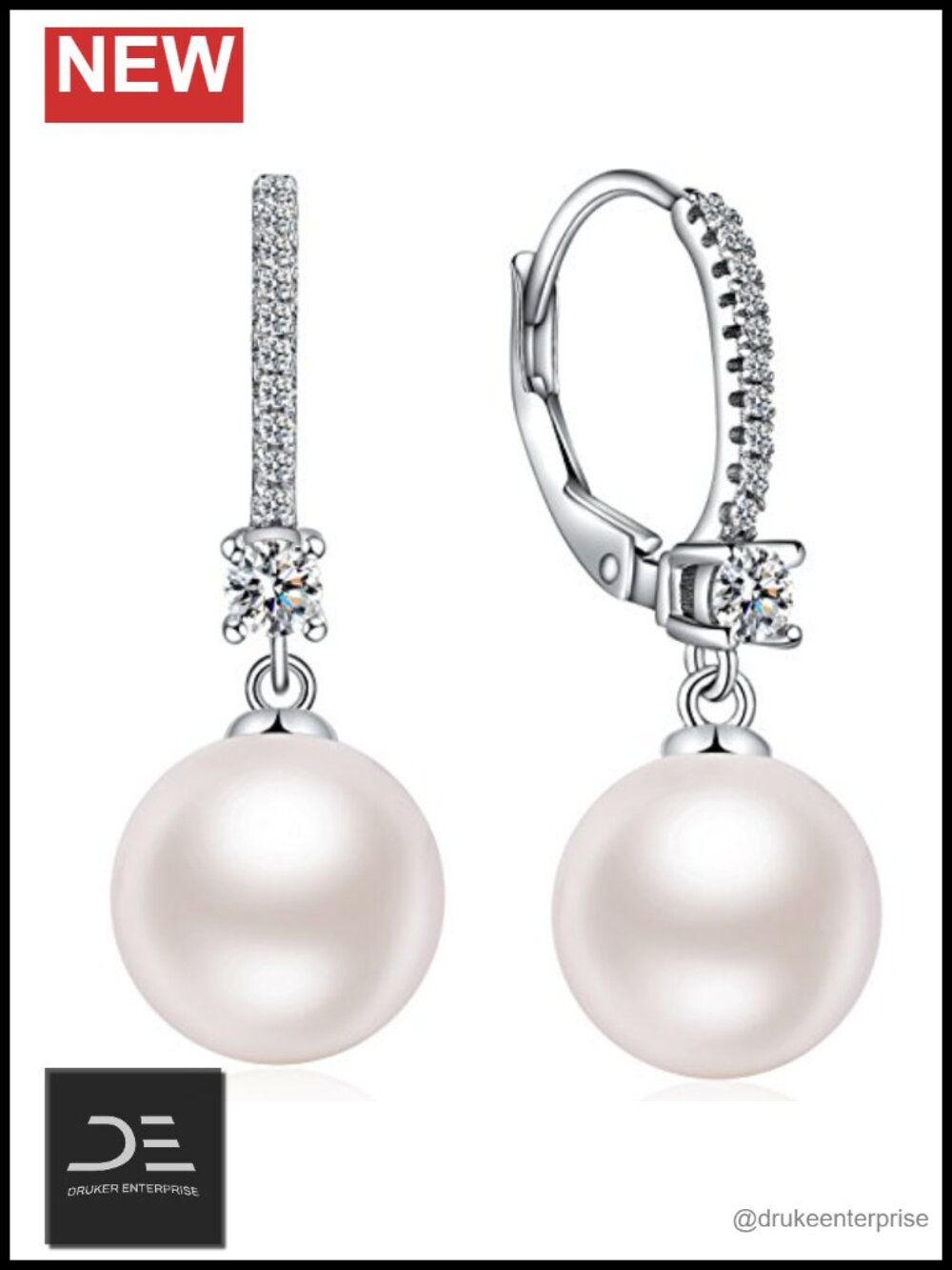 18k White Gold Plated Sterling Silver Pearl Drop Earrings with Cubic Zirconia